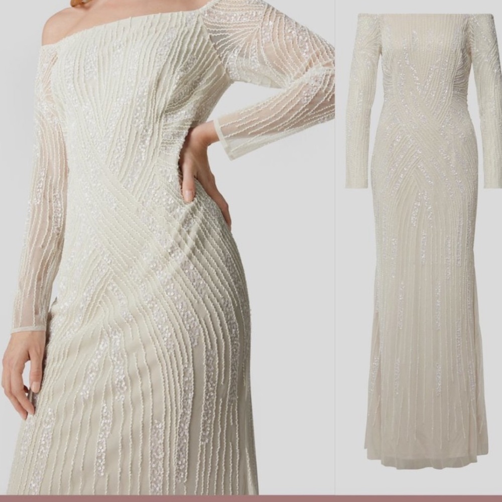 Adrianna Papell modest ivory sequin gown Sz 2 fits size 2-6